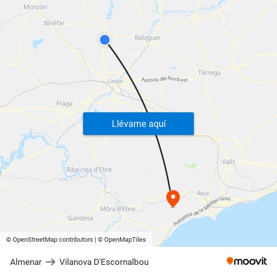 Almenar to Vilanova D'Escornalbou map