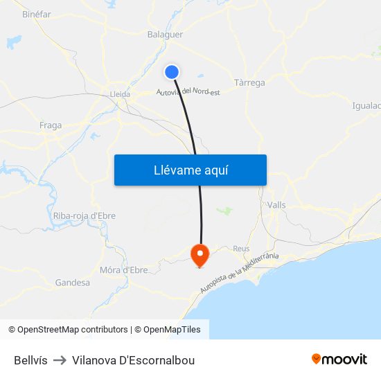 Bellvís to Vilanova D'Escornalbou map