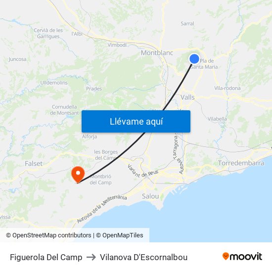 Figuerola Del Camp to Vilanova D'Escornalbou map