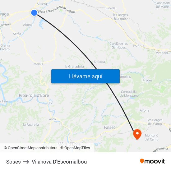 Soses to Vilanova D'Escornalbou map