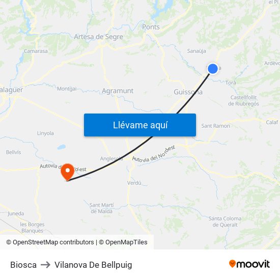 Biosca to Vilanova De Bellpuig map