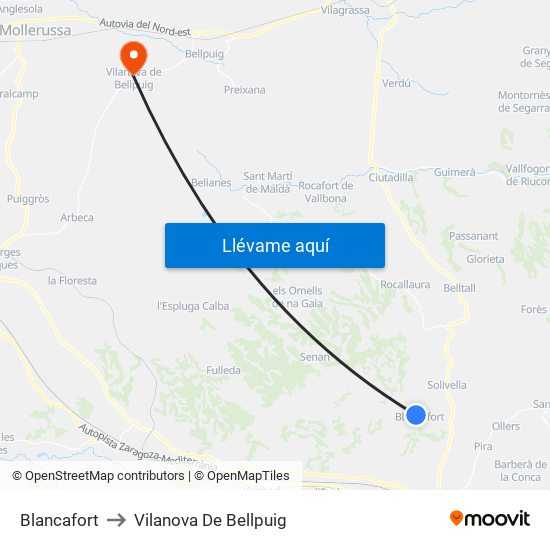 Blancafort to Vilanova De Bellpuig map