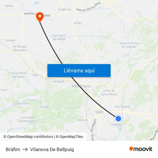 Bràfim to Vilanova De Bellpuig map