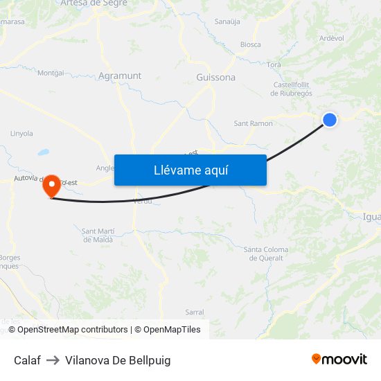 Calaf to Vilanova De Bellpuig map