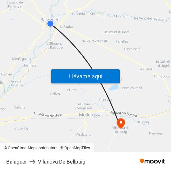 Balaguer to Vilanova De Bellpuig map