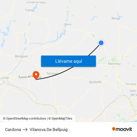 Cardona to Vilanova De Bellpuig map