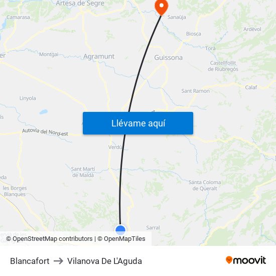 Blancafort to Vilanova De L'Aguda map
