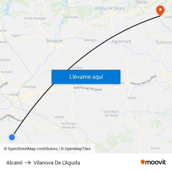 Alcanó to Vilanova De L'Aguda map