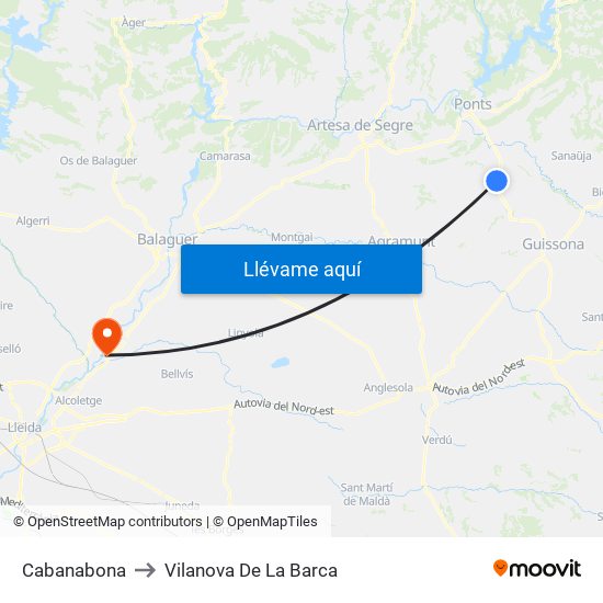 Cabanabona to Vilanova De La Barca map