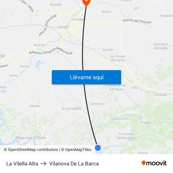 La Vilella Alta to Vilanova De La Barca map