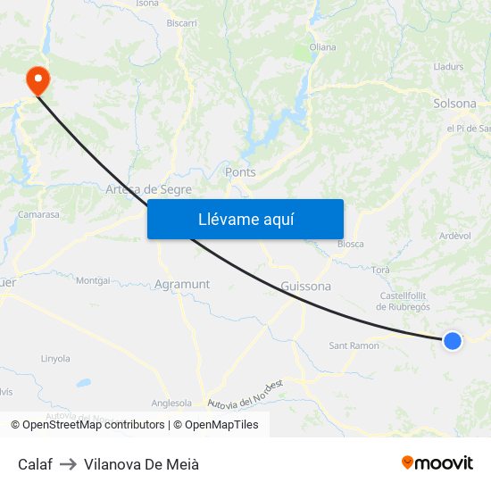 Calaf to Vilanova De Meià map