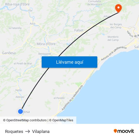 Roquetes to Vilaplana map