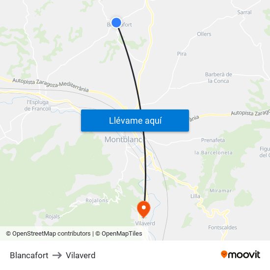 Blancafort to Vilaverd map
