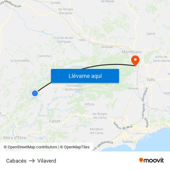 Cabacés to Vilaverd map