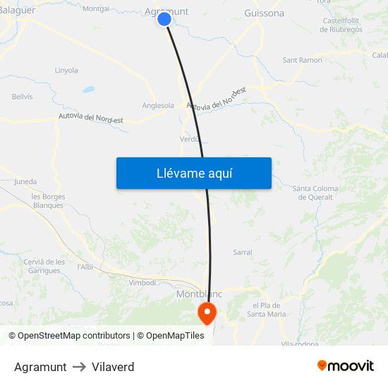 Agramunt to Vilaverd map