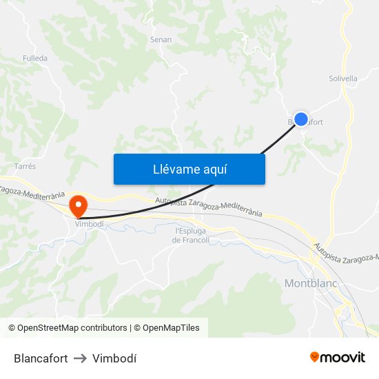 Blancafort to Vimbodí map