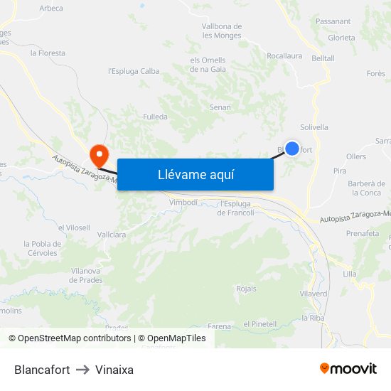 Blancafort to Vinaixa map