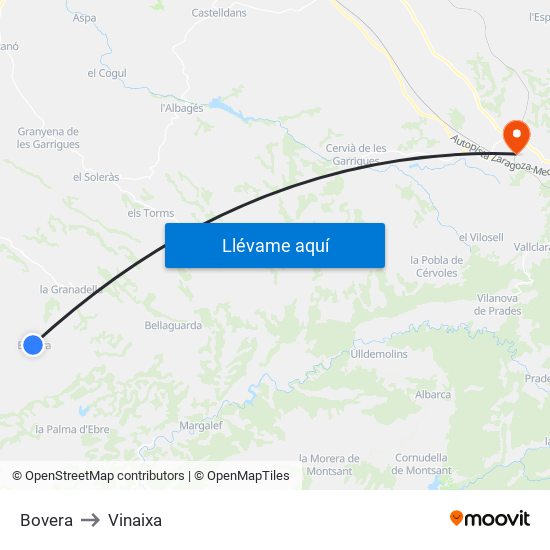 Bovera to Vinaixa map