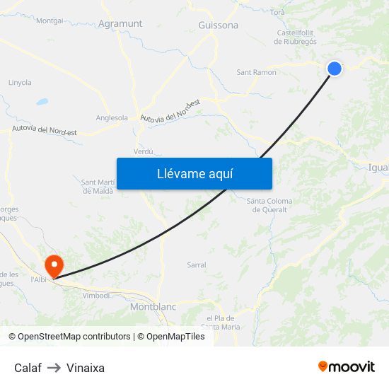 Calaf to Vinaixa map