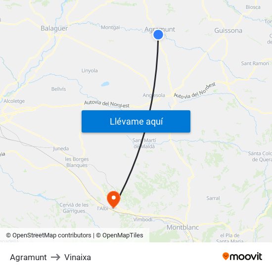 Agramunt to Vinaixa map