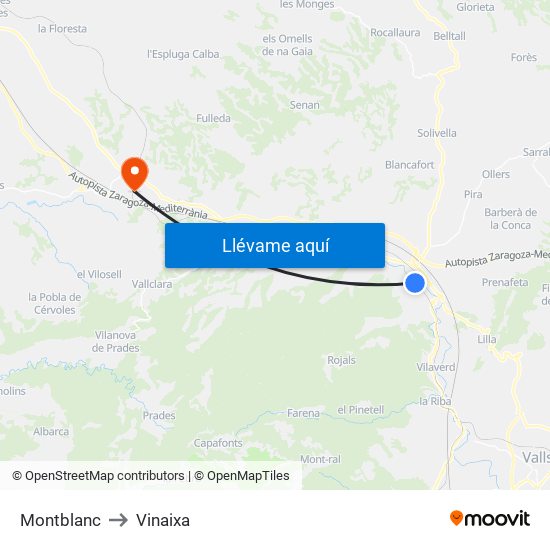 Montblanc to Vinaixa map
