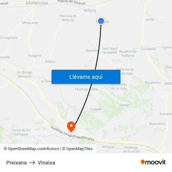 Preixana to Vinaixa map