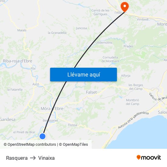 Rasquera to Vinaixa map