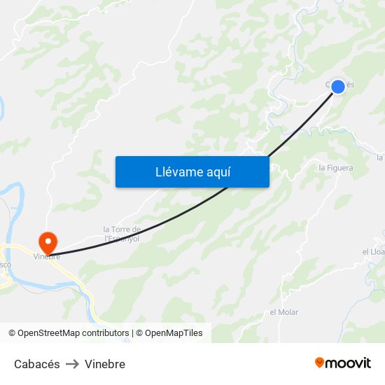 Cabacés to Vinebre map
