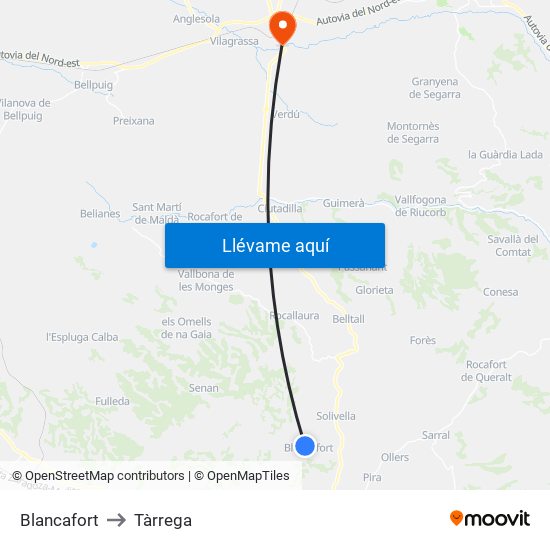 Blancafort to Tàrrega map