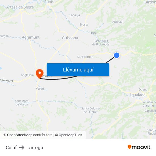 Calaf to Tàrrega map