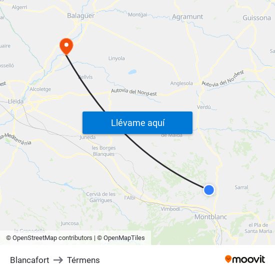 Blancafort to Térmens map