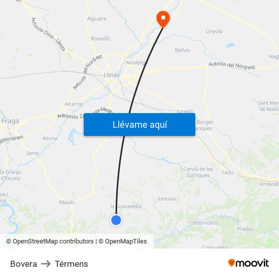 Bovera to Térmens map