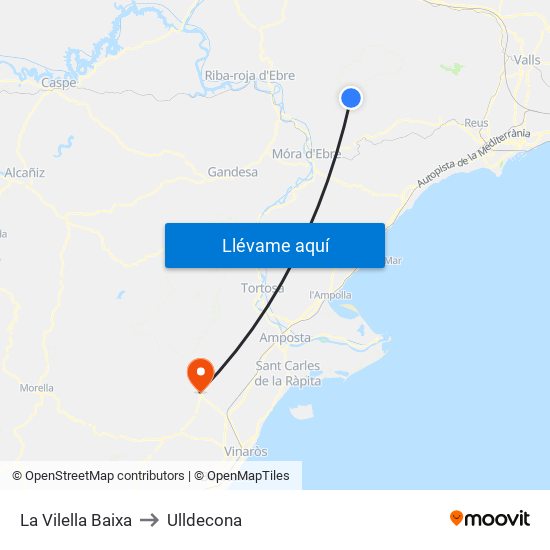 La Vilella Baixa to Ulldecona map