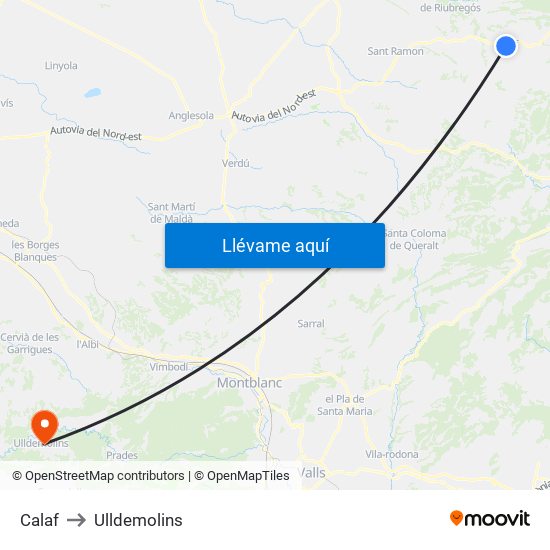 Calaf to Ulldemolins map