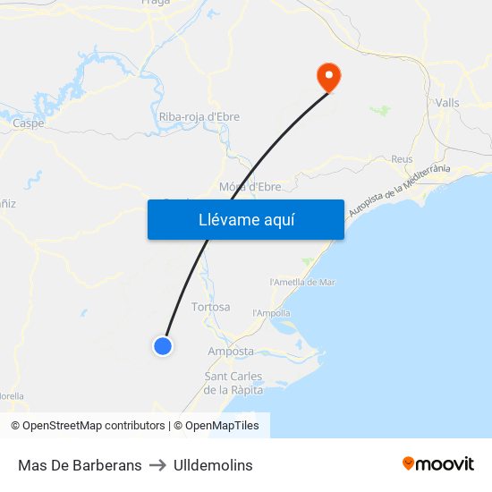 Mas De Barberans to Ulldemolins map