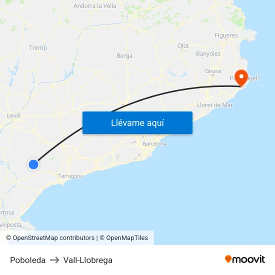 Poboleda to Vall-Llobrega map