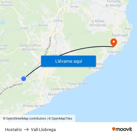 Hostalric to Vall-Llobrega map