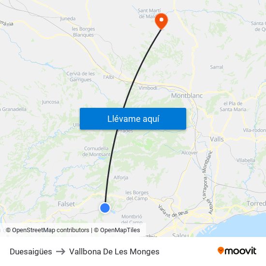 Duesaigües to Vallbona De Les Monges map