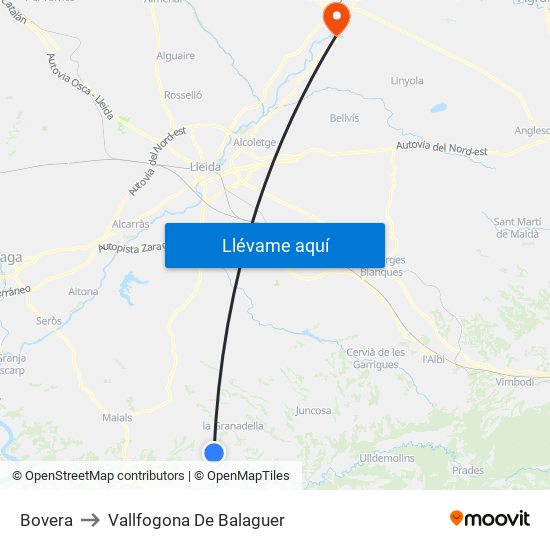 Bovera to Vallfogona De Balaguer map