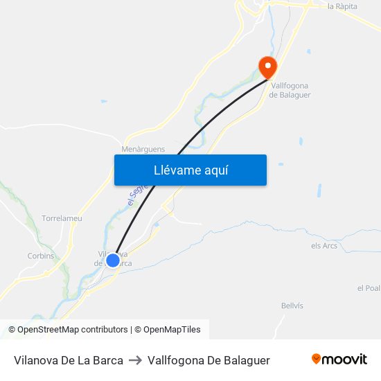 Vilanova De La Barca to Vallfogona De Balaguer map