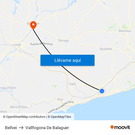 Bellvei to Vallfogona De Balaguer map