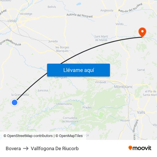 Bovera to Vallfogona De Riucorb map
