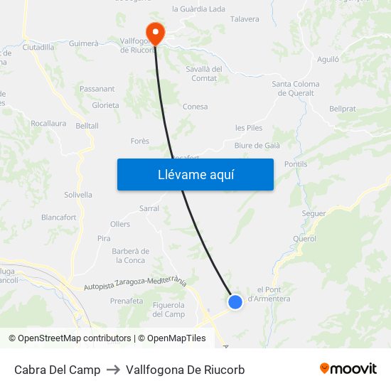 Cabra Del Camp to Vallfogona De Riucorb map