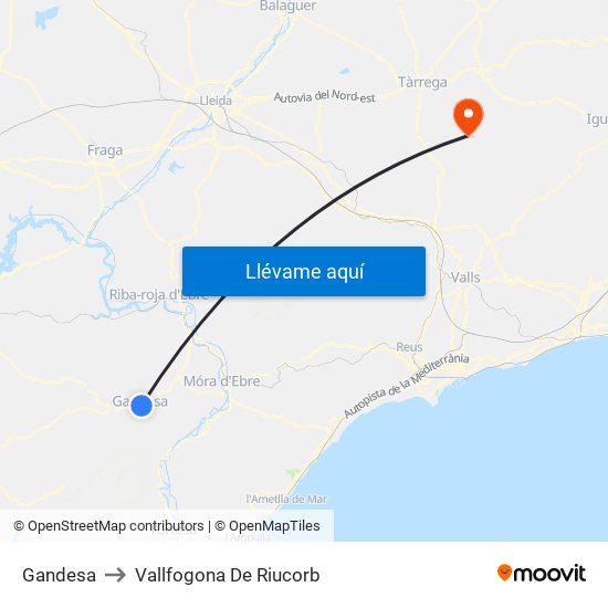 Gandesa to Vallfogona De Riucorb map