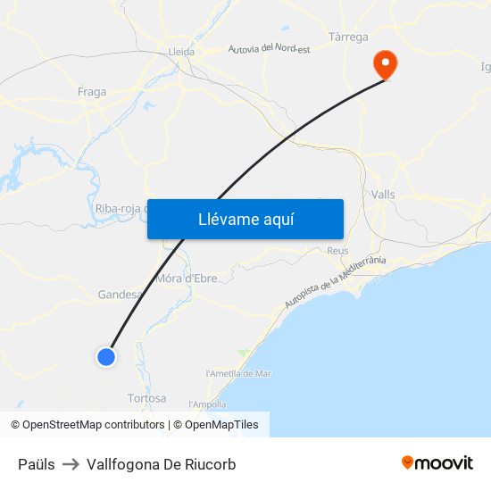 Paüls to Vallfogona De Riucorb map