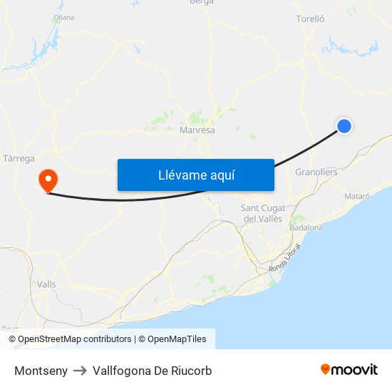 Montseny to Vallfogona De Riucorb map