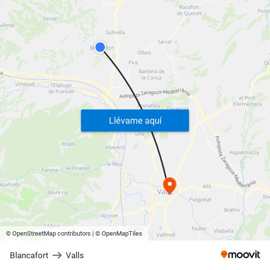 Blancafort to Valls map