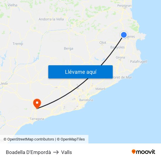 Boadella D'Empordà to Valls map
