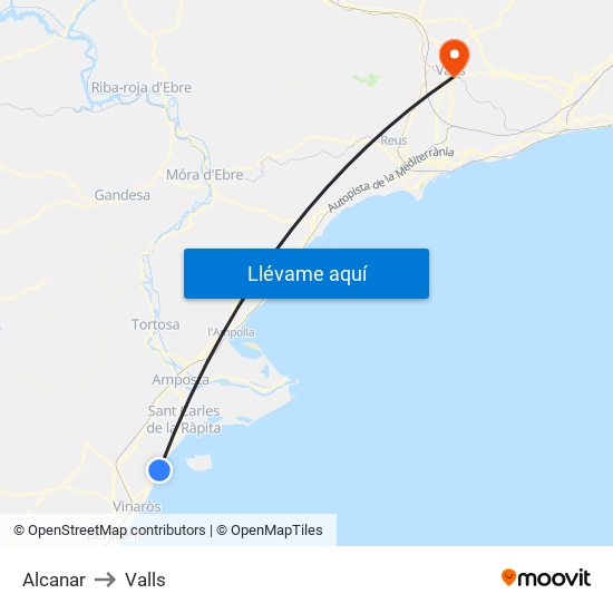 Alcanar to Valls map