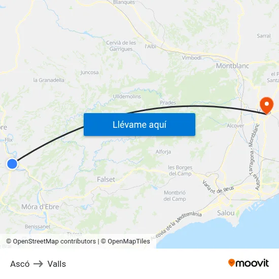 Ascó to Valls map